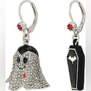 Betsey Johnson Silver and Black Ghost & coffin Earrings with Red Accents